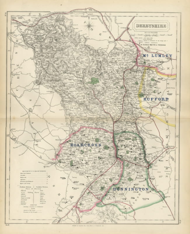 Antique Hobson Fox Hunting Map of Derbyshire, Hoar Cross Hunt, circa 1870