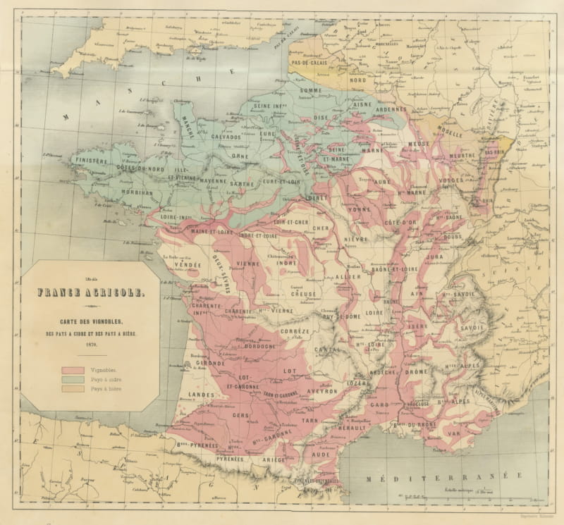 Antique Map of France, Wine, Cider and Beer Regions, Vienna, 1873