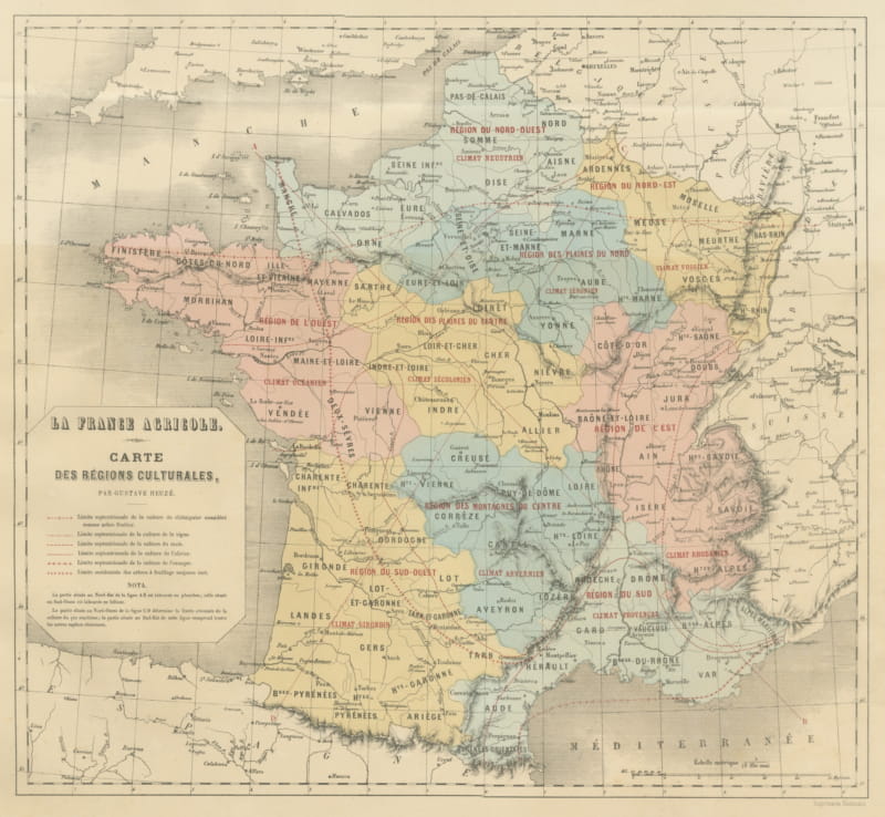 Antique Map of France, Cultural Regions and Climates, Heuze, 1873