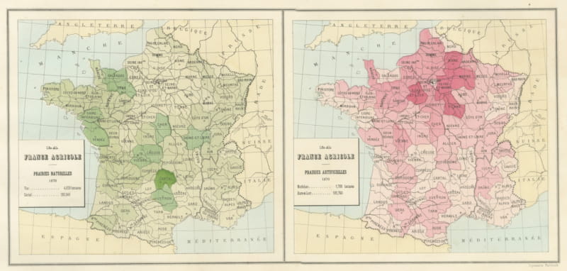 Antique Maps of France, Natural and Sown Meadows, Vienna Exposition, 1873