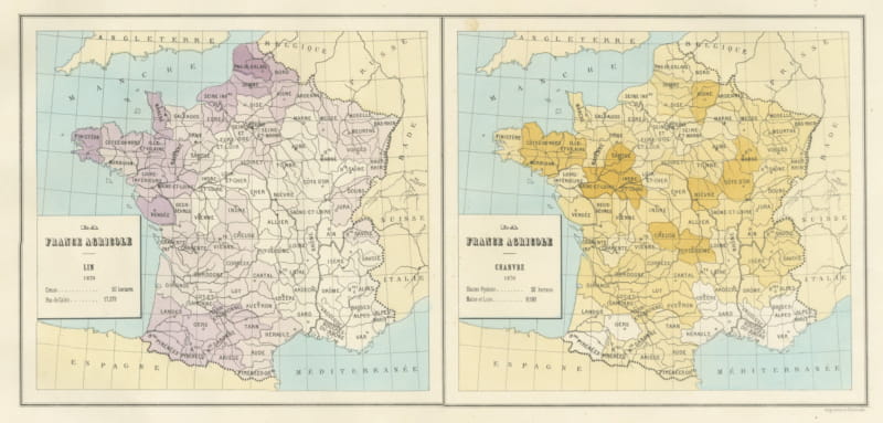 Antique Maps of France, Flax and Hemp Growing, Vienna Exposition, 1873