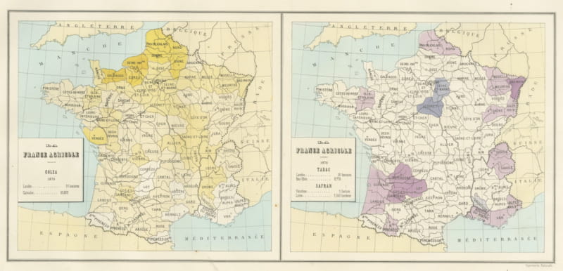 Antique Maps of France, Rapeseed, Tobacco and Saffron, 1873