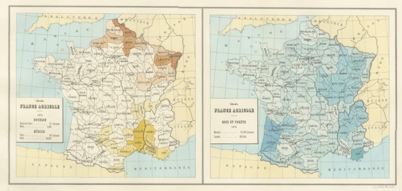 Antique Maps of France, Hops, Mulberry and Forests, Vienna, 1873