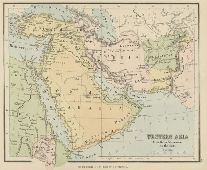 Antique Map of Western Asia from the Mediterranean to the Indus, circa 1870