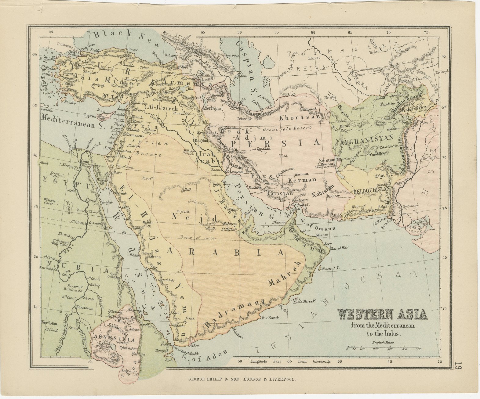 Antique Map of Western Asia, Mediterranean to the Indus, Arabia and Persia