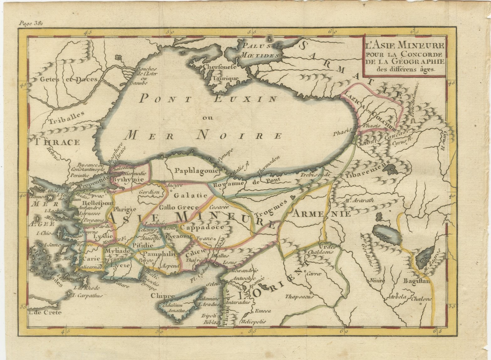 Antique Asia Minor Map with Classical Regions by Pluche, Black Sea, circa 1765
