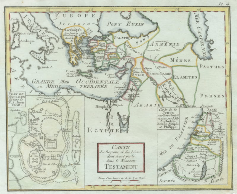 Antique New Testament Map with Plan of Jerusalem after Bonne, circa 1770