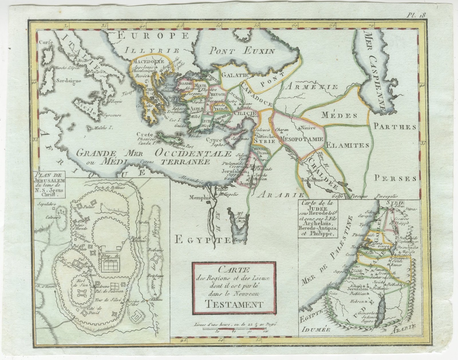 Antique New Testament Map with Plan of Jerusalem after Bonne, circa 1770