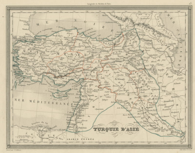 Antique Map of Turkey in Asia by Vuillemin, Anatolia and Mesopotamia, circa 1845