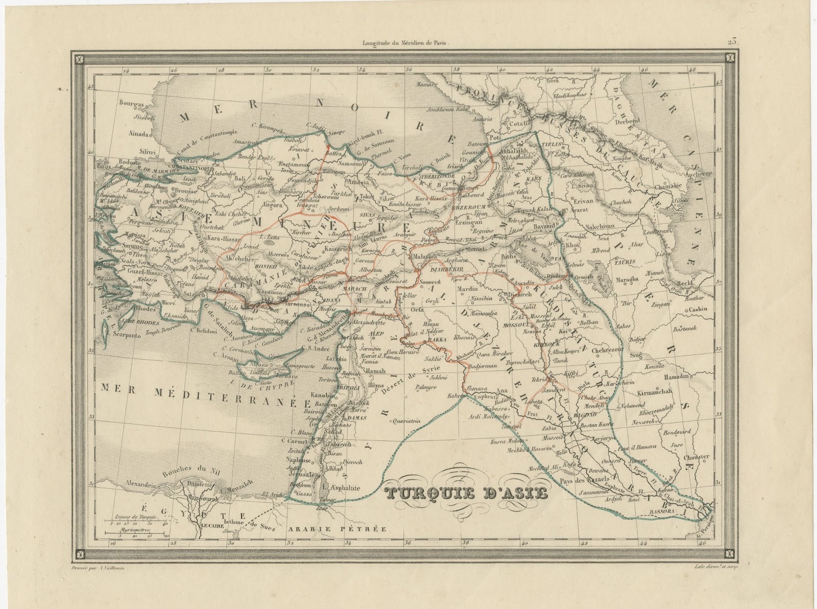 Antique Map of Turkey in Asia by Vuillemin, Anatolia and Mesopotamia, circa 1845