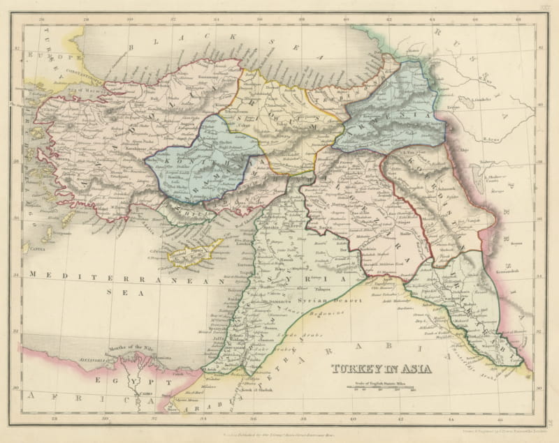 Antique Map of Turkey in Asia by Dower, Anatolia, Syria and Iraq, circa 1845