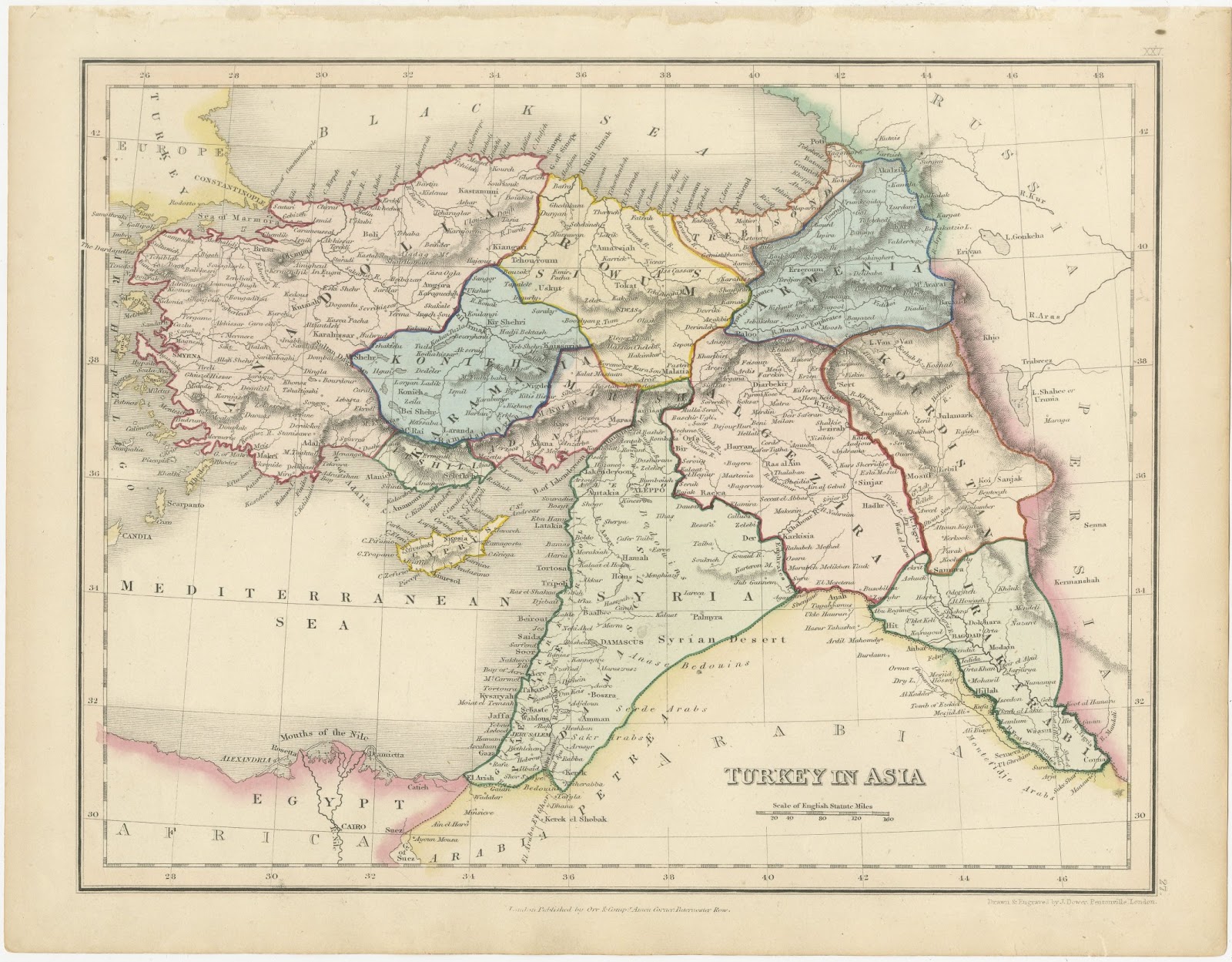 Antique Map of Turkey in Asia by Dower, Anatolia, Syria and Iraq, circa 1845