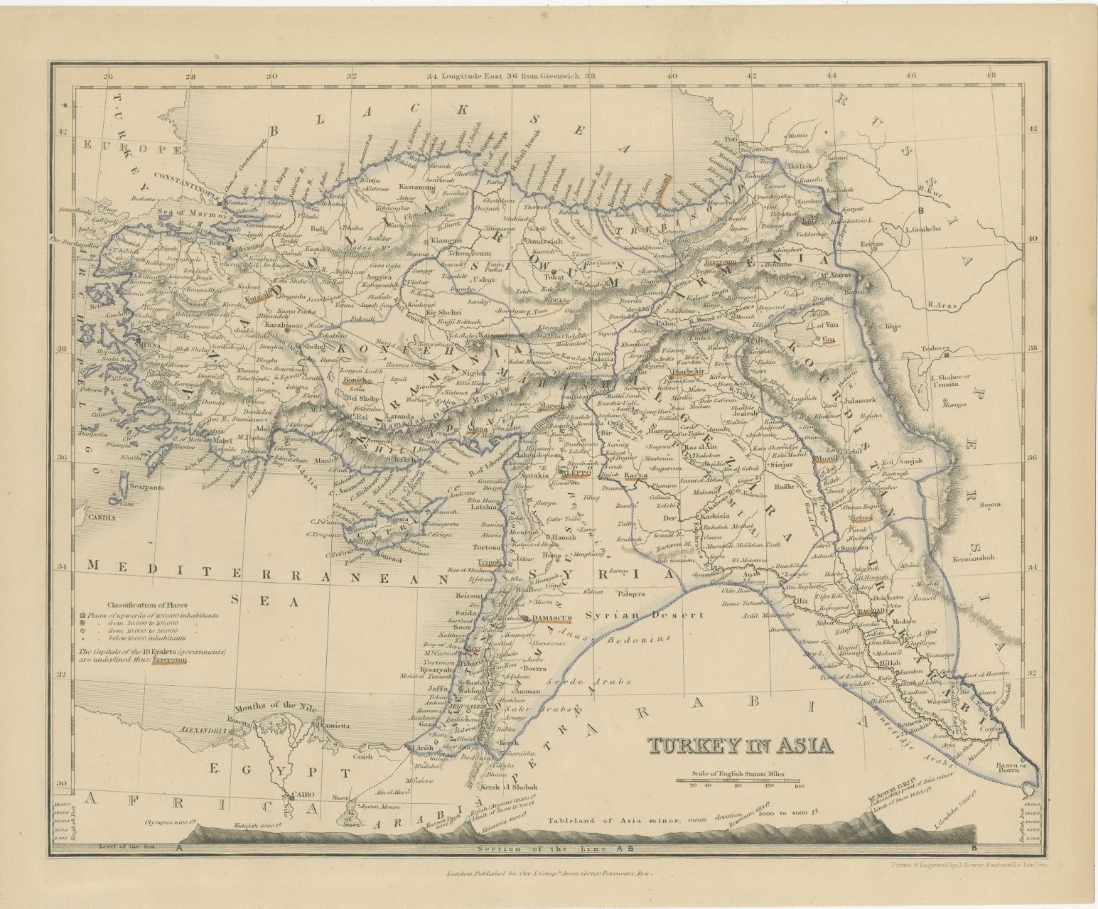 Antique Map of Turkey in Asia with Tableland Profile by Dower, circa 1845