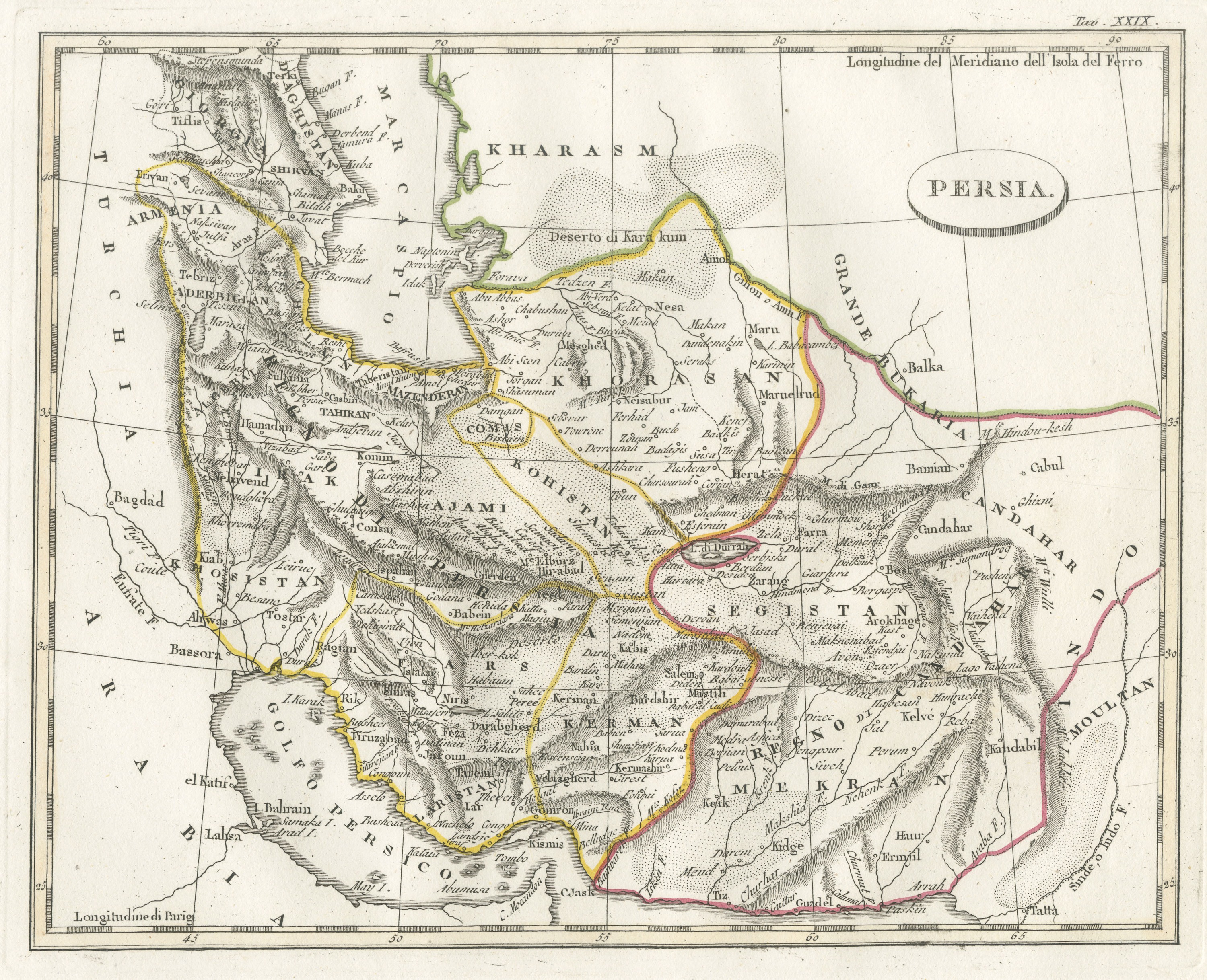 Antique Italian Map of Persia with Khorasan and the Persian Gulf, circa 1820