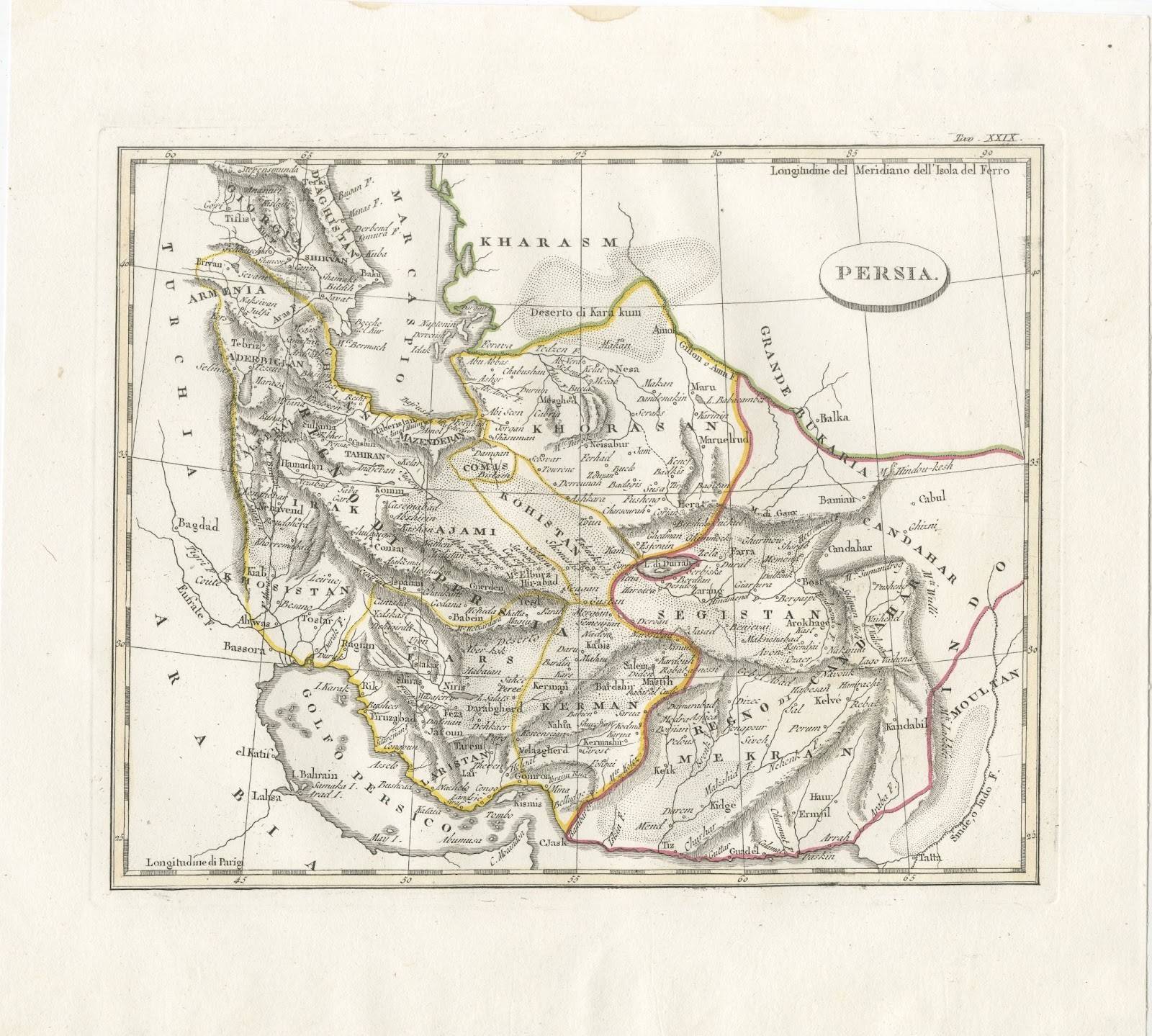 Antique Italian Map of Persia with Khorasan and the Persian Gulf, circa 1820