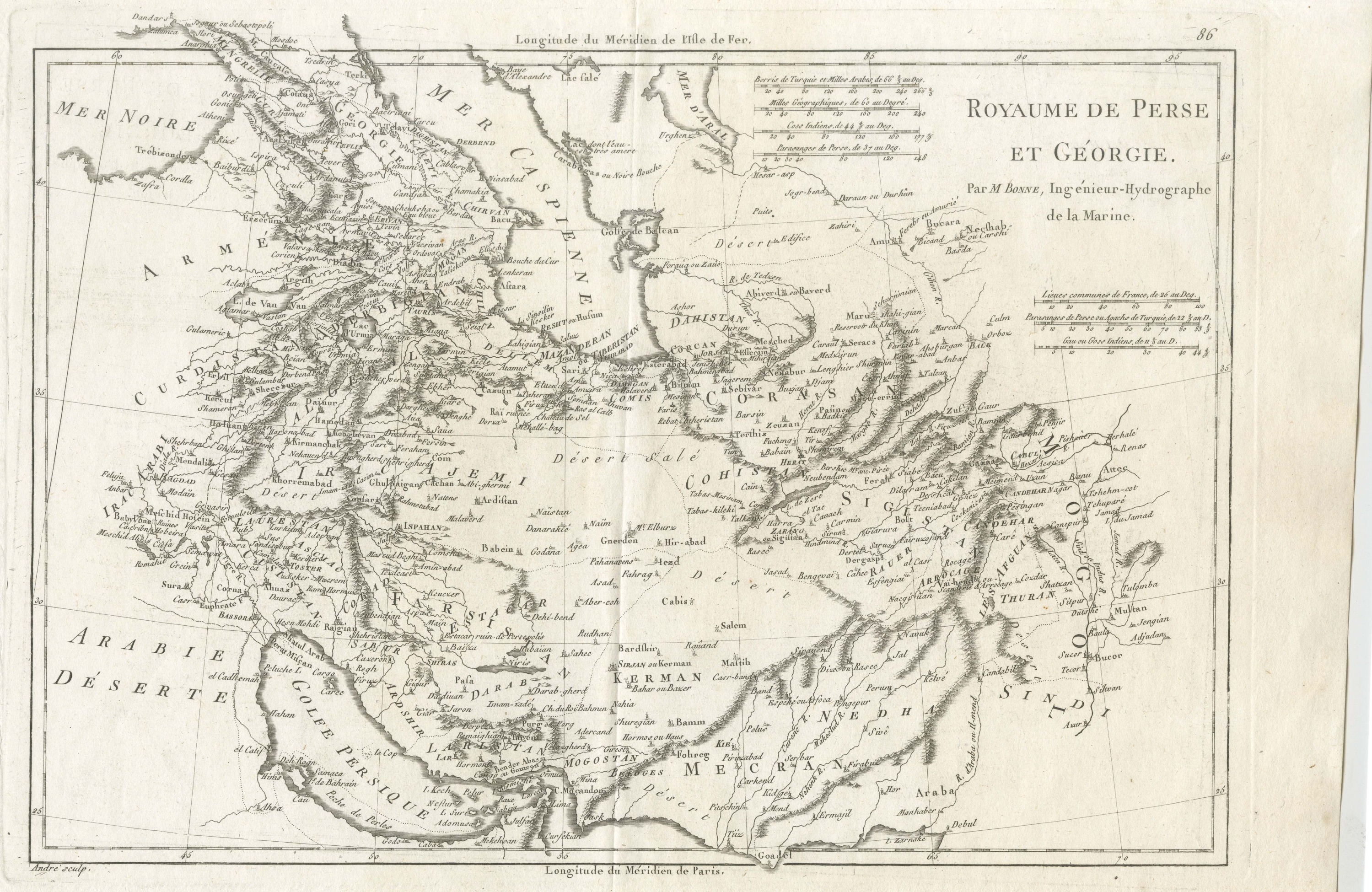 Antique Map of Persia and Georgia by Bonne, Royaume de Perse, circa 1787
