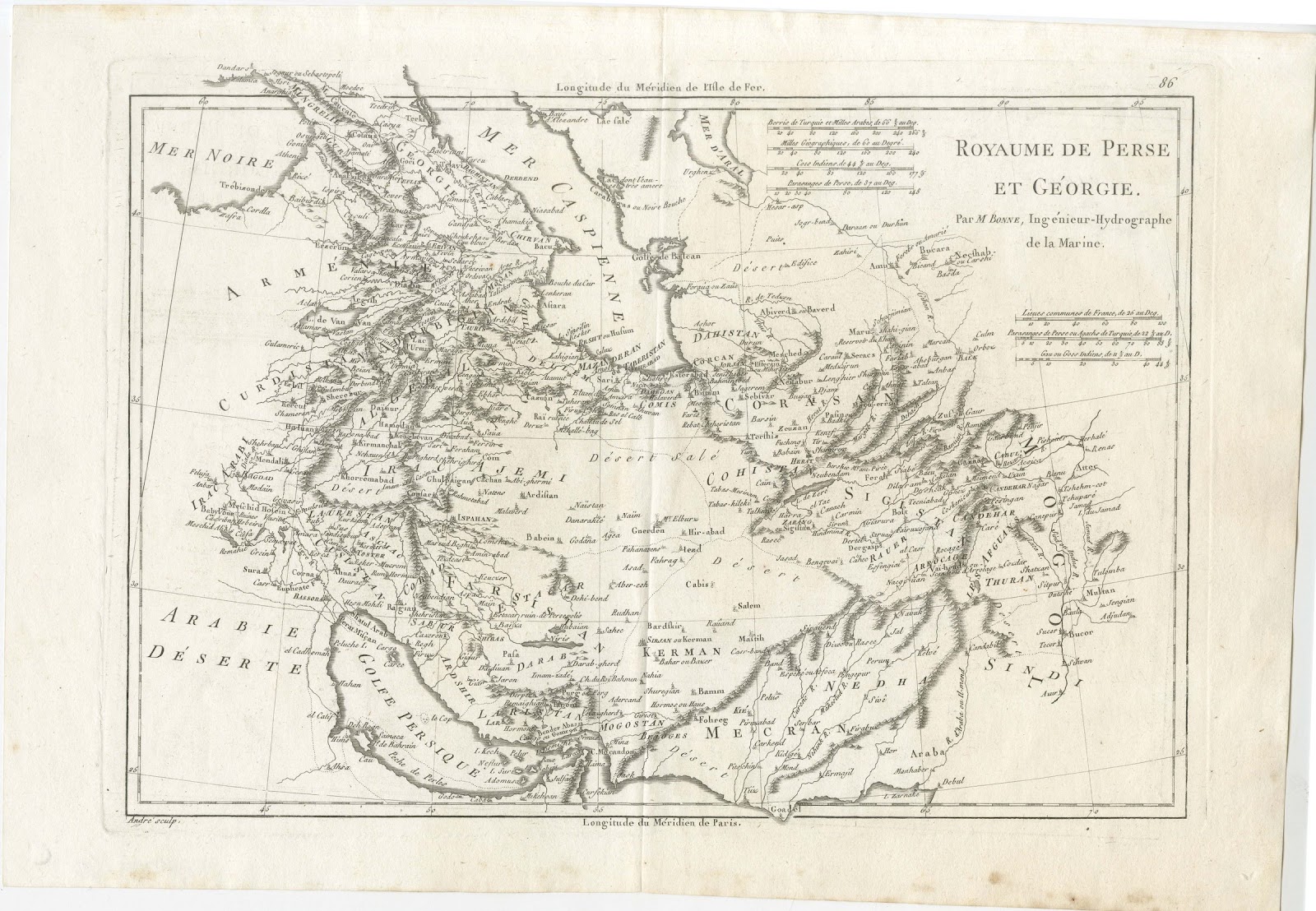 Antique Map of Persia and Georgia by Bonne, Royaume de Perse, circa 1787