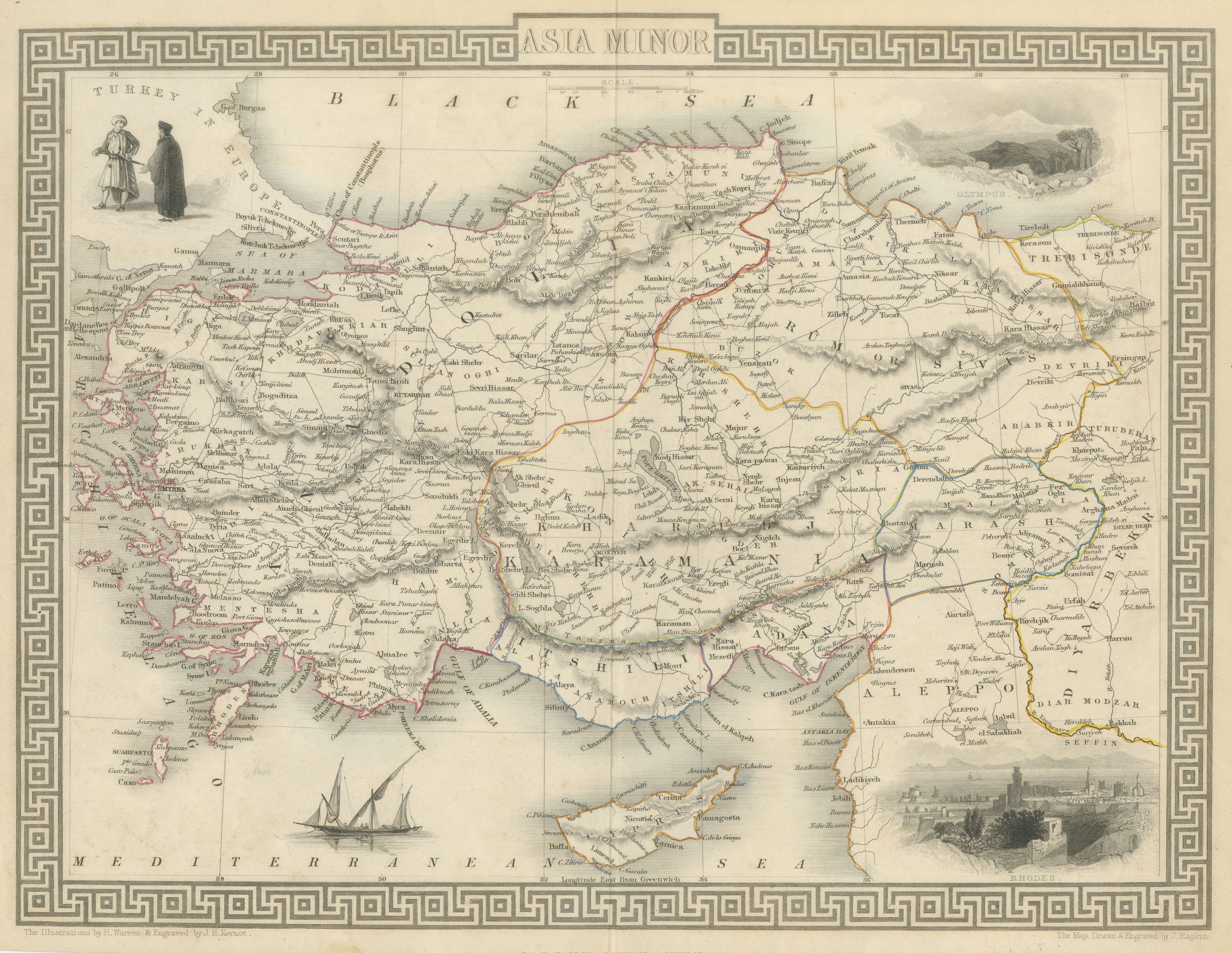 Antique Asia Minor Map by Tallis with Rhodes and Olympus Vignettes, circa 1851