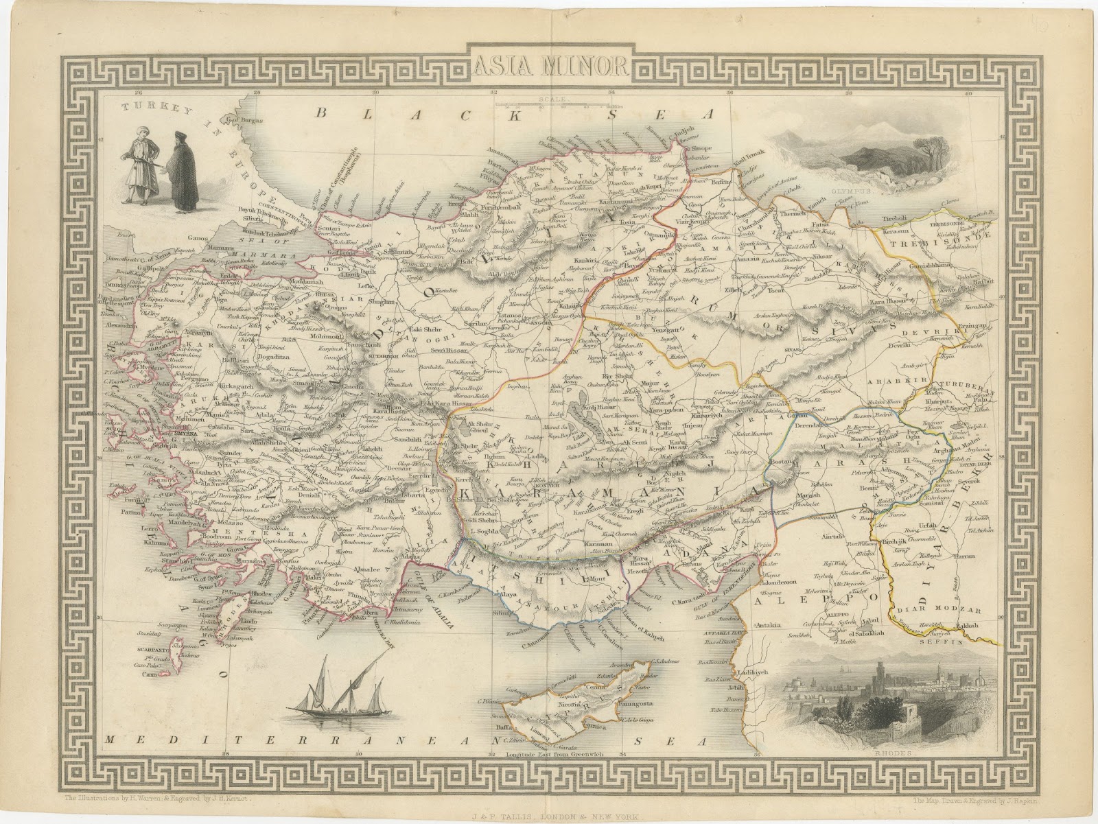 Antique Asia Minor Map by Tallis with Rhodes and Olympus Vignettes, circa 1851