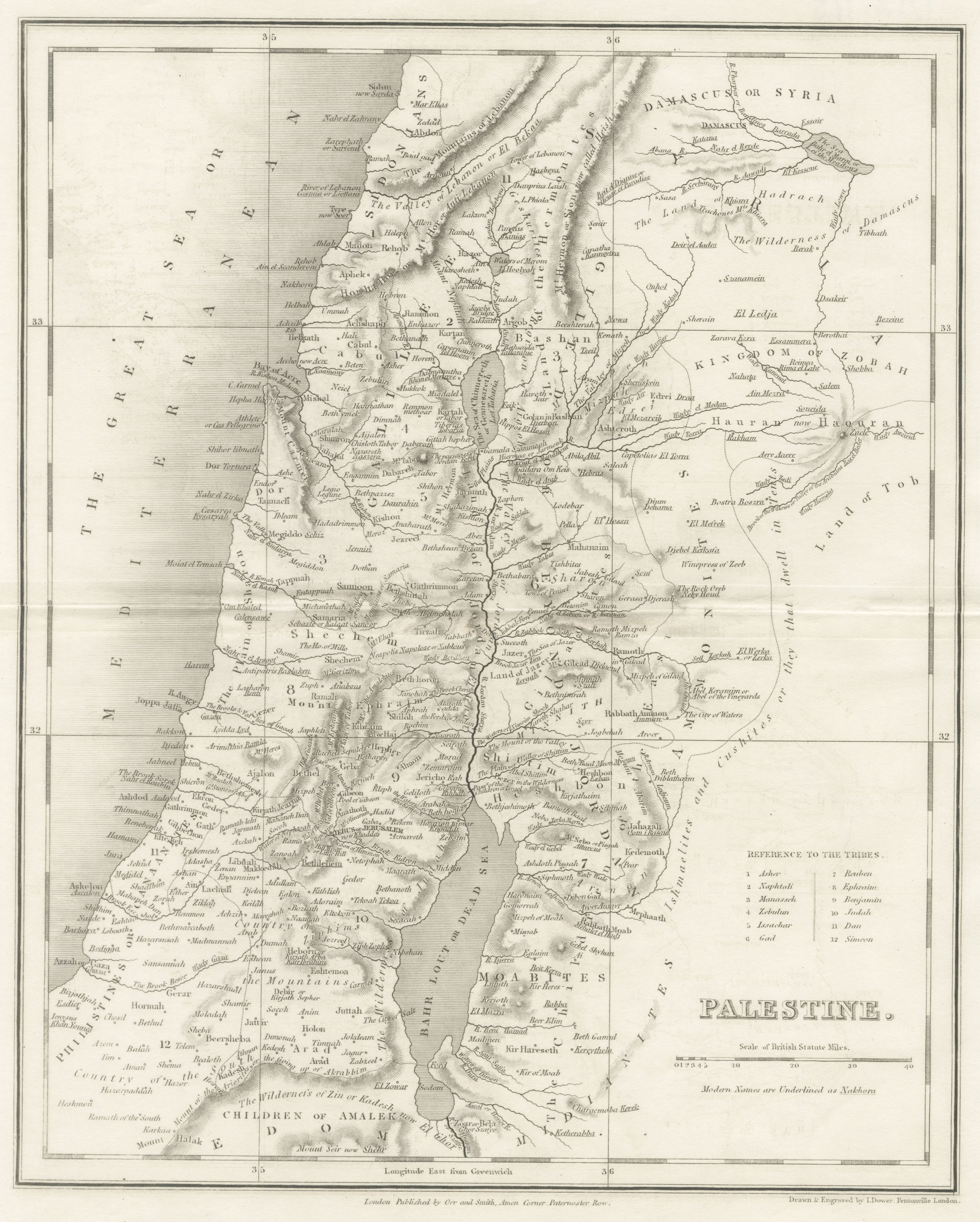 Antique Map of Palestine with the Twelve Tribes by Dower, circa 1835