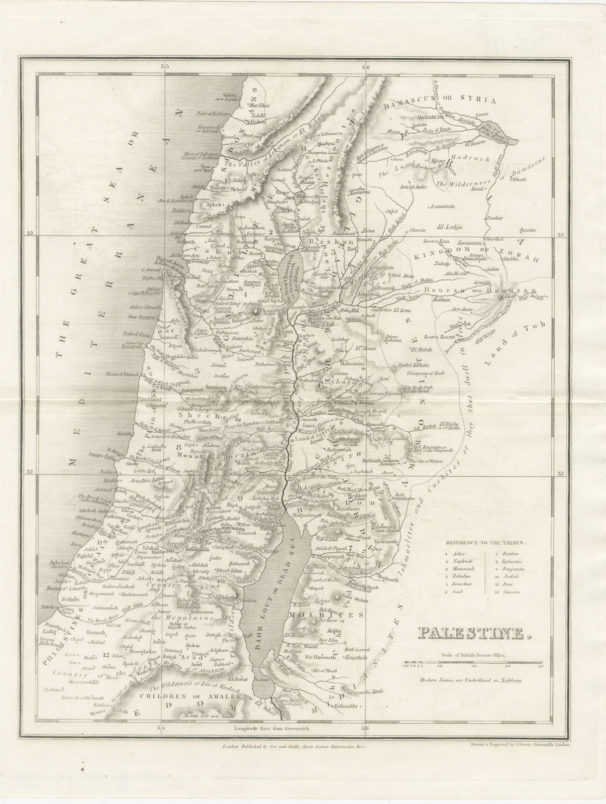 Antique Map of Palestine with the Twelve Tribes by Dower, circa 1835