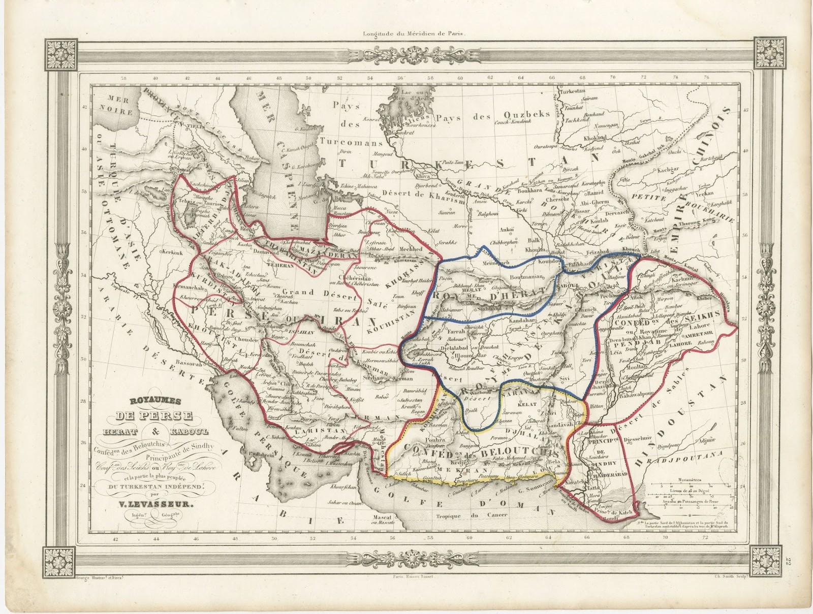 Antique Map of Persia, Herat, Kabul and Baluchistan by Levasseur, circa 1846