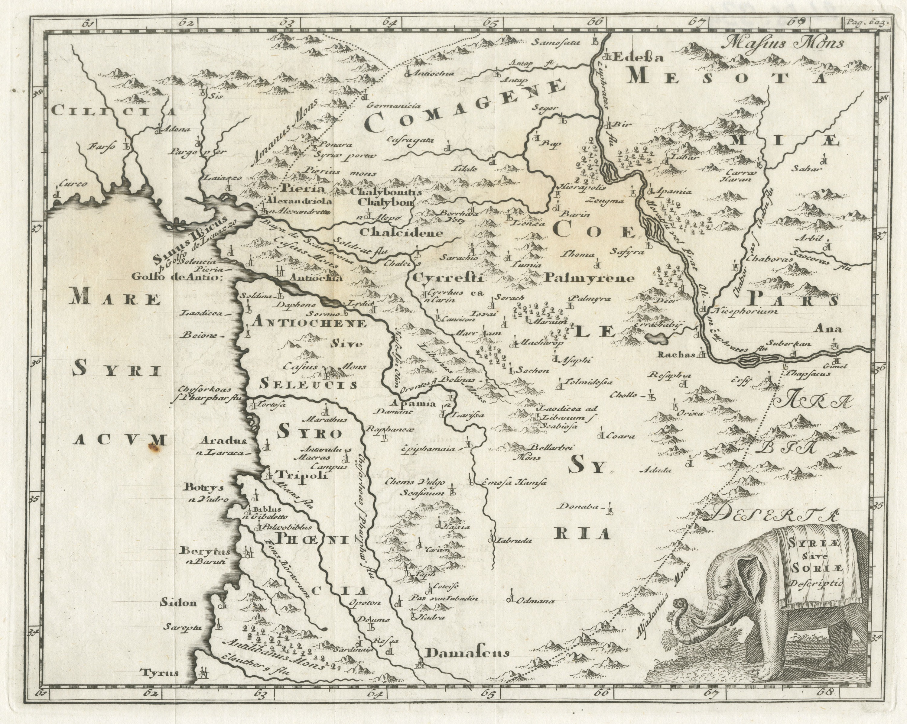 Antique Map of Ancient Syria with Elephant Cartouche by Cluver, circa 1697