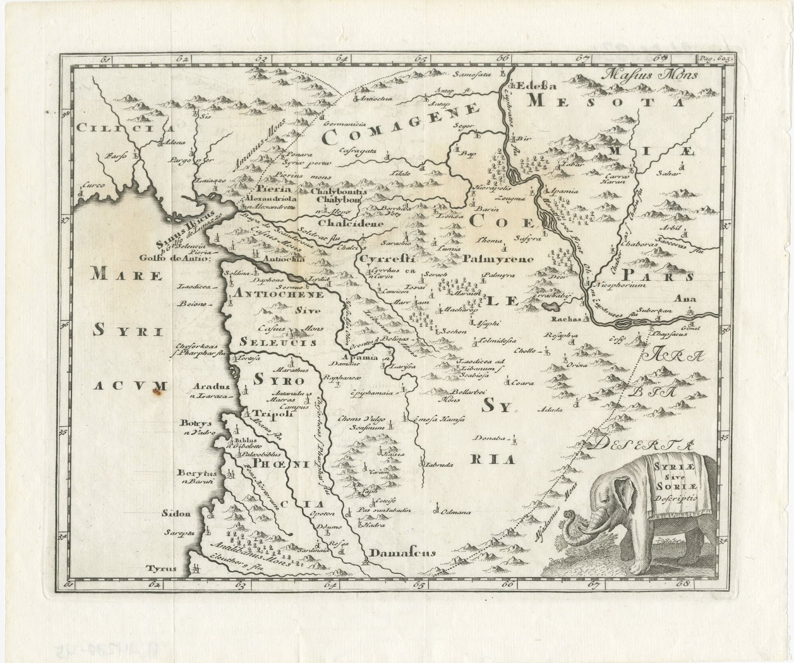 Antique Map of Ancient Syria with Elephant Cartouche by Cluver, circa 1697