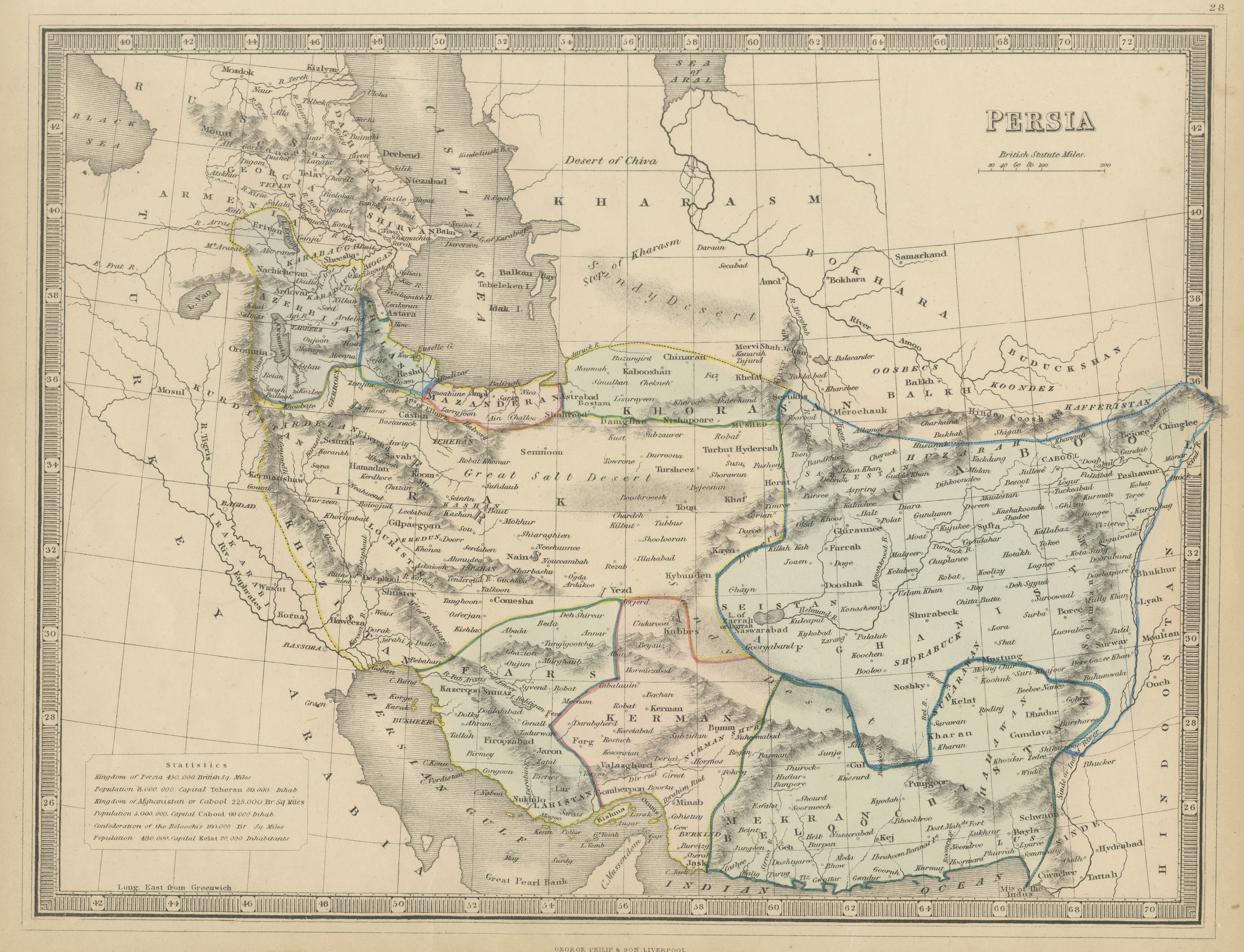 Antique Map of Persia and Afghanistan with Statistics, Philip, circa 1856