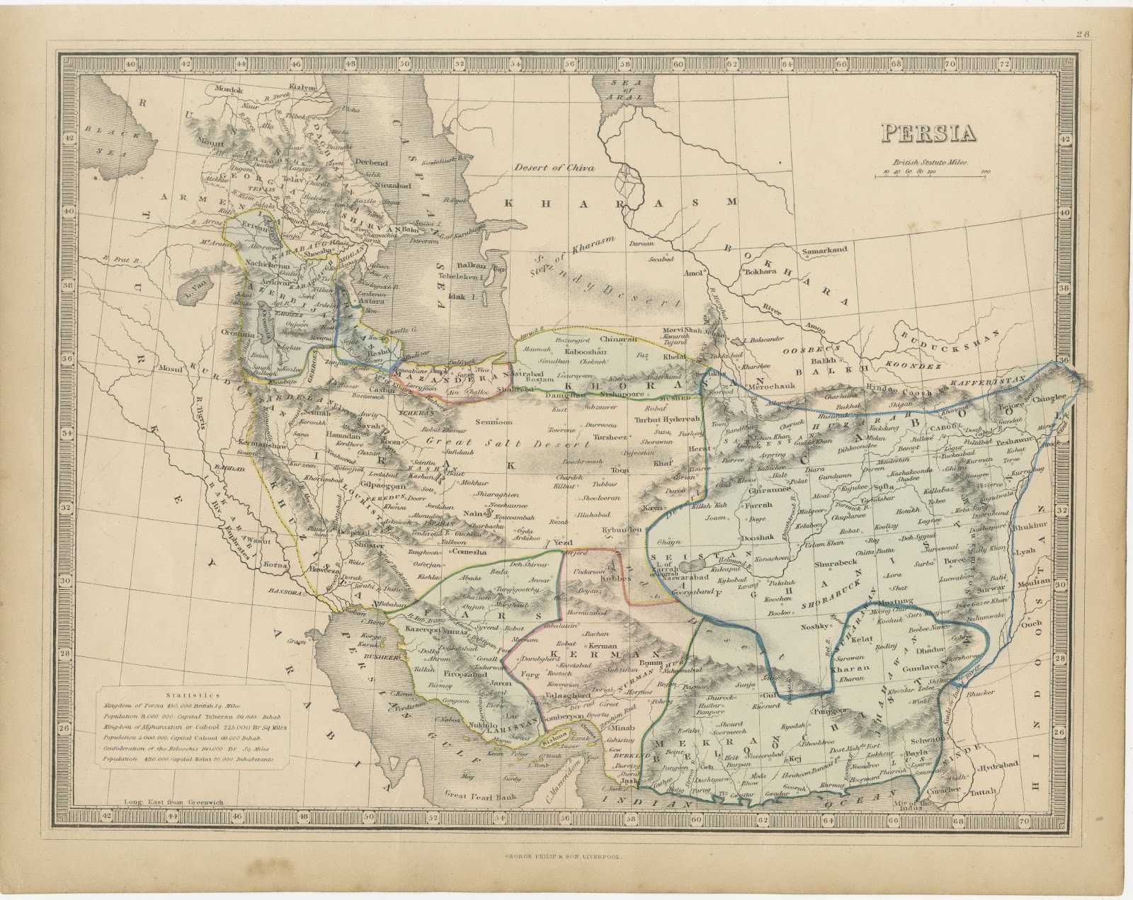 Antique Map of Persia and Afghanistan with Statistics, Philip, circa 1856