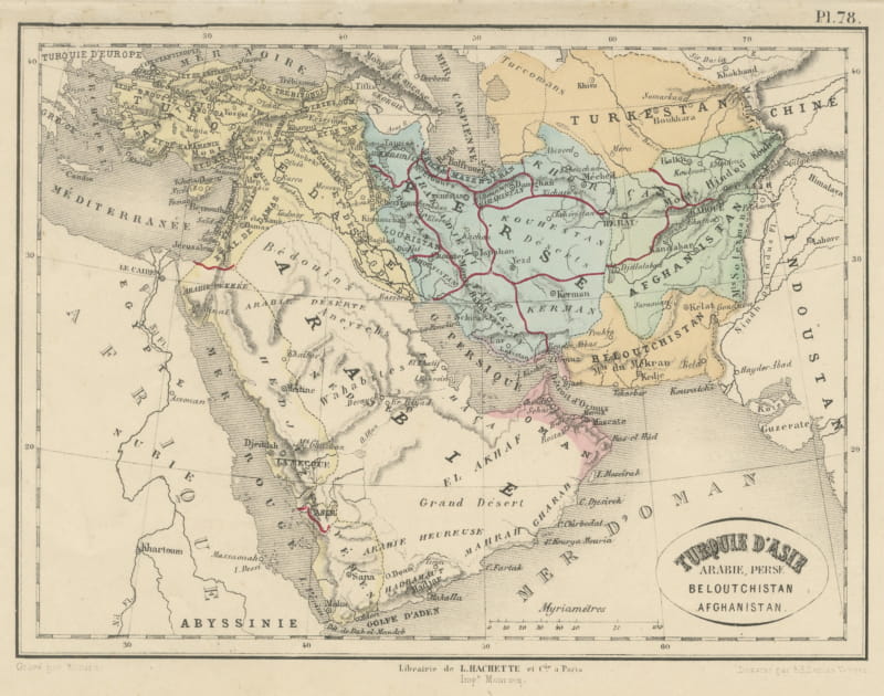 Antique Map of Turkey in Asia, Persia and Afghanistan by Hachette, c. 1860