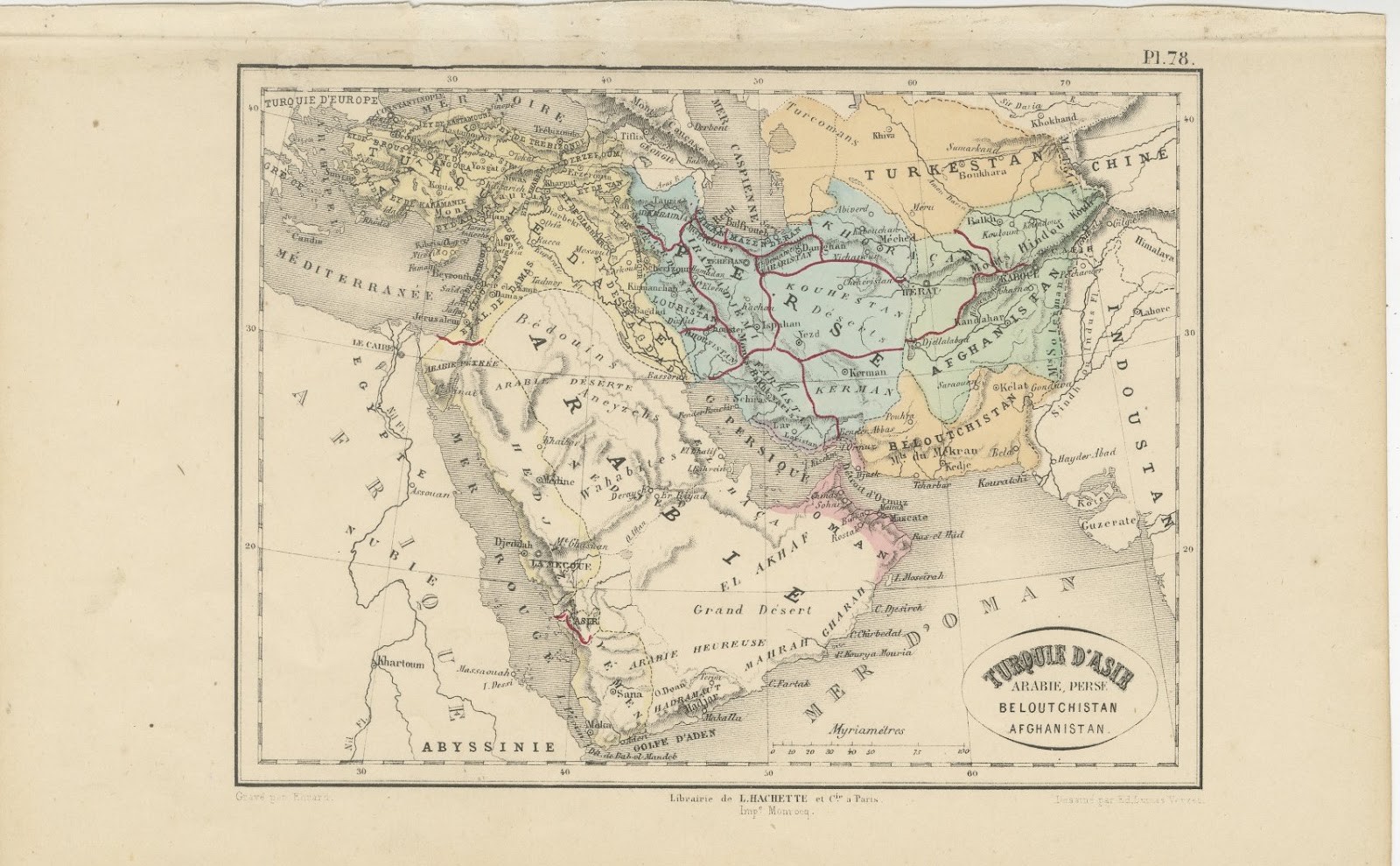 Antique Map of Turkey in Asia, Arabia, Persia and Afghanistan by Hachette