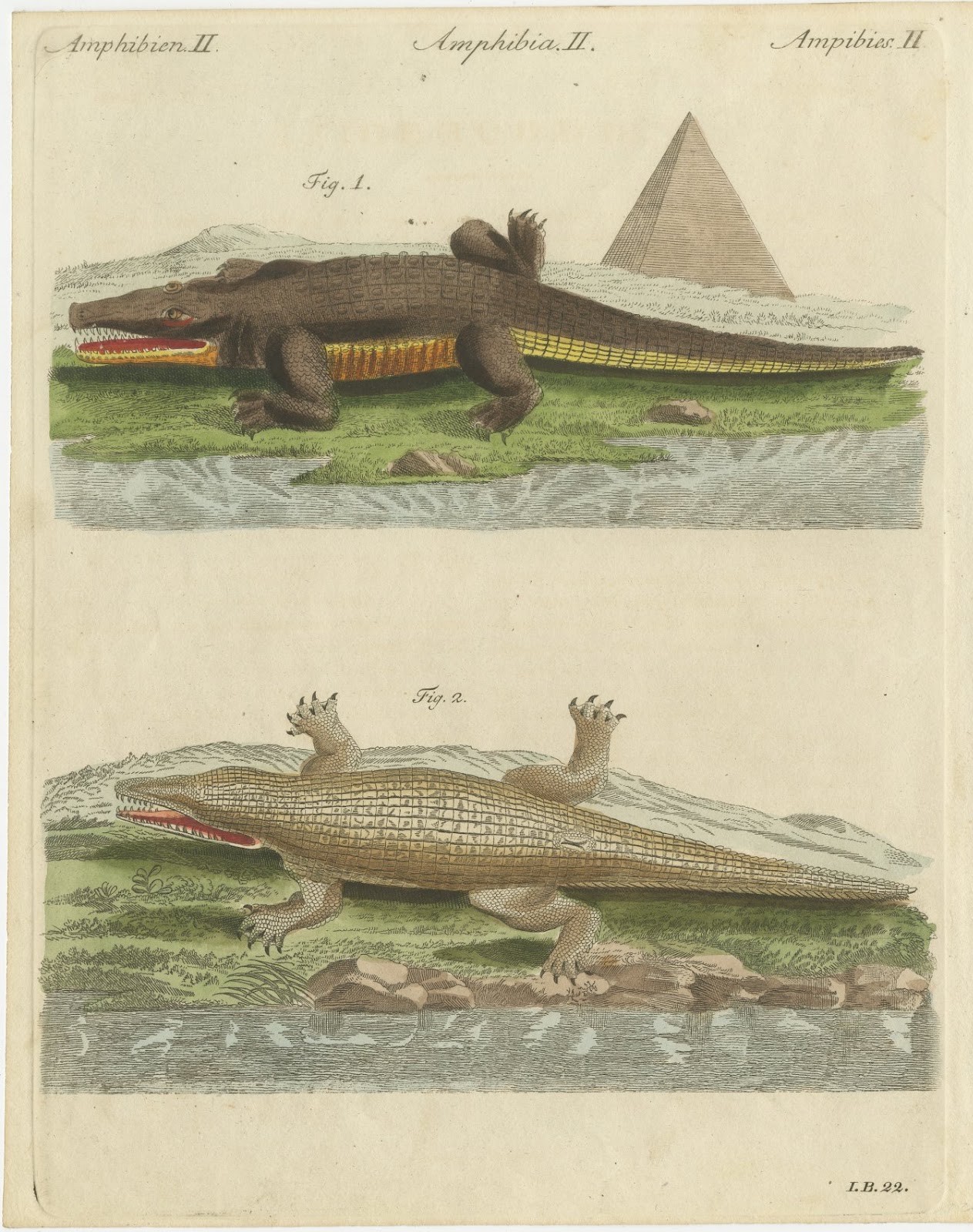 Crocodiles with an Egyptian Pyramid, Antique Bertuch Print, Vienna, circa 1805
