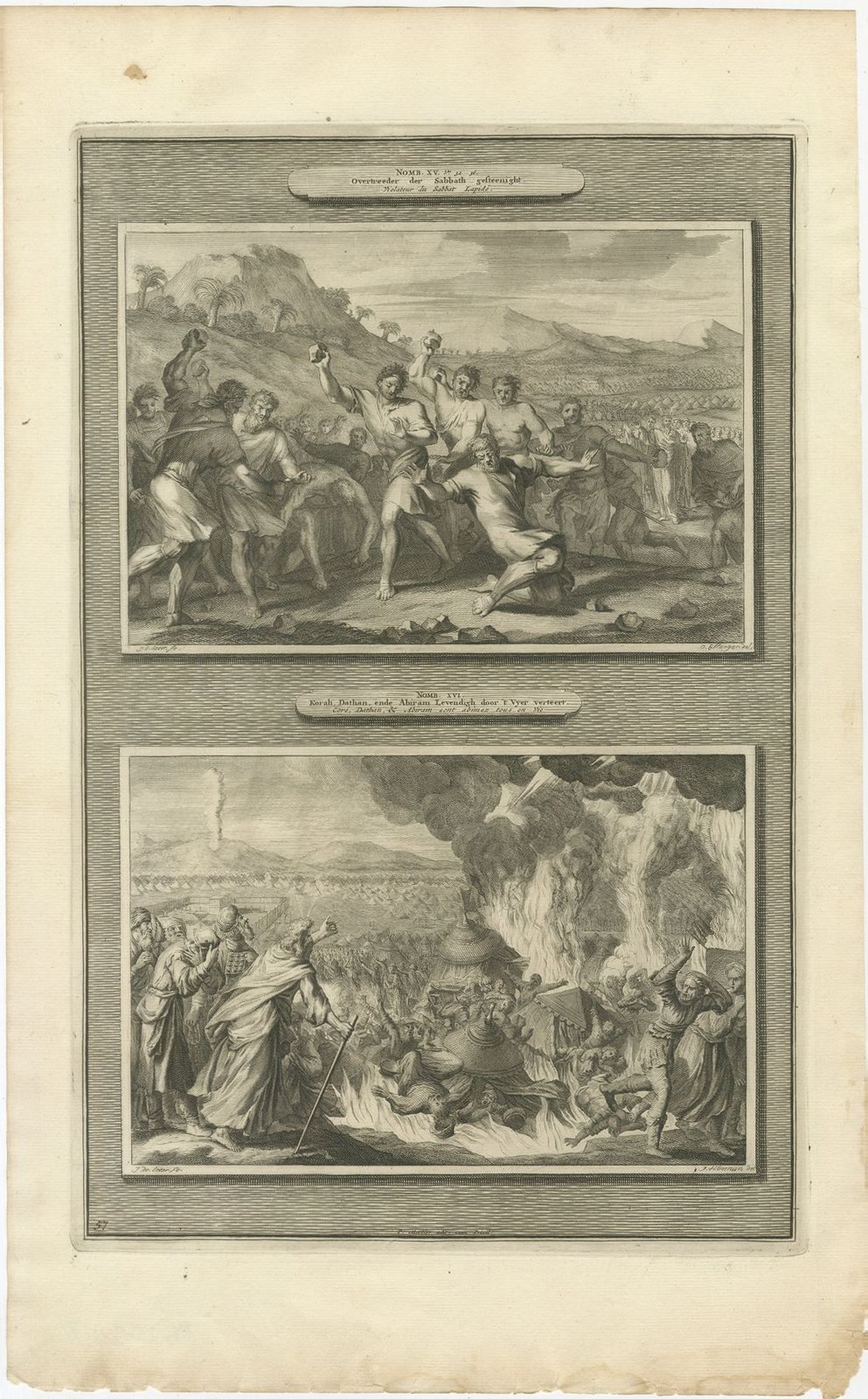 Sabbath Breaker Stoned and Korah, Dathan and Abiram, Mortier circa 1700