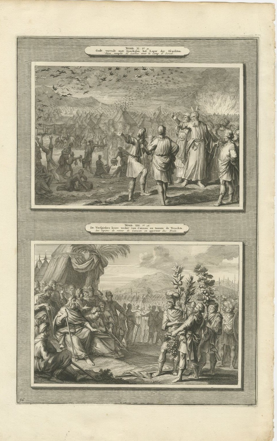 Quails in the Camp and the Spies Return from Canaan, Mortier Bible circa 1700