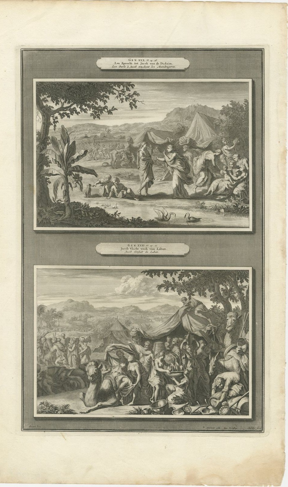 Leah and the Mandrakes and Jacob Flees from Laban, Mortier Bible circa 1700