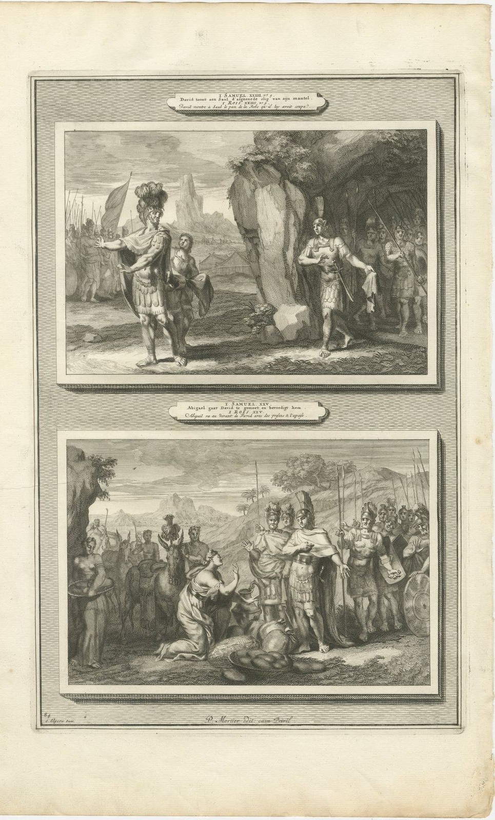 David Spares Saul and Abigail Meets David, Mortier Bible circa 1700