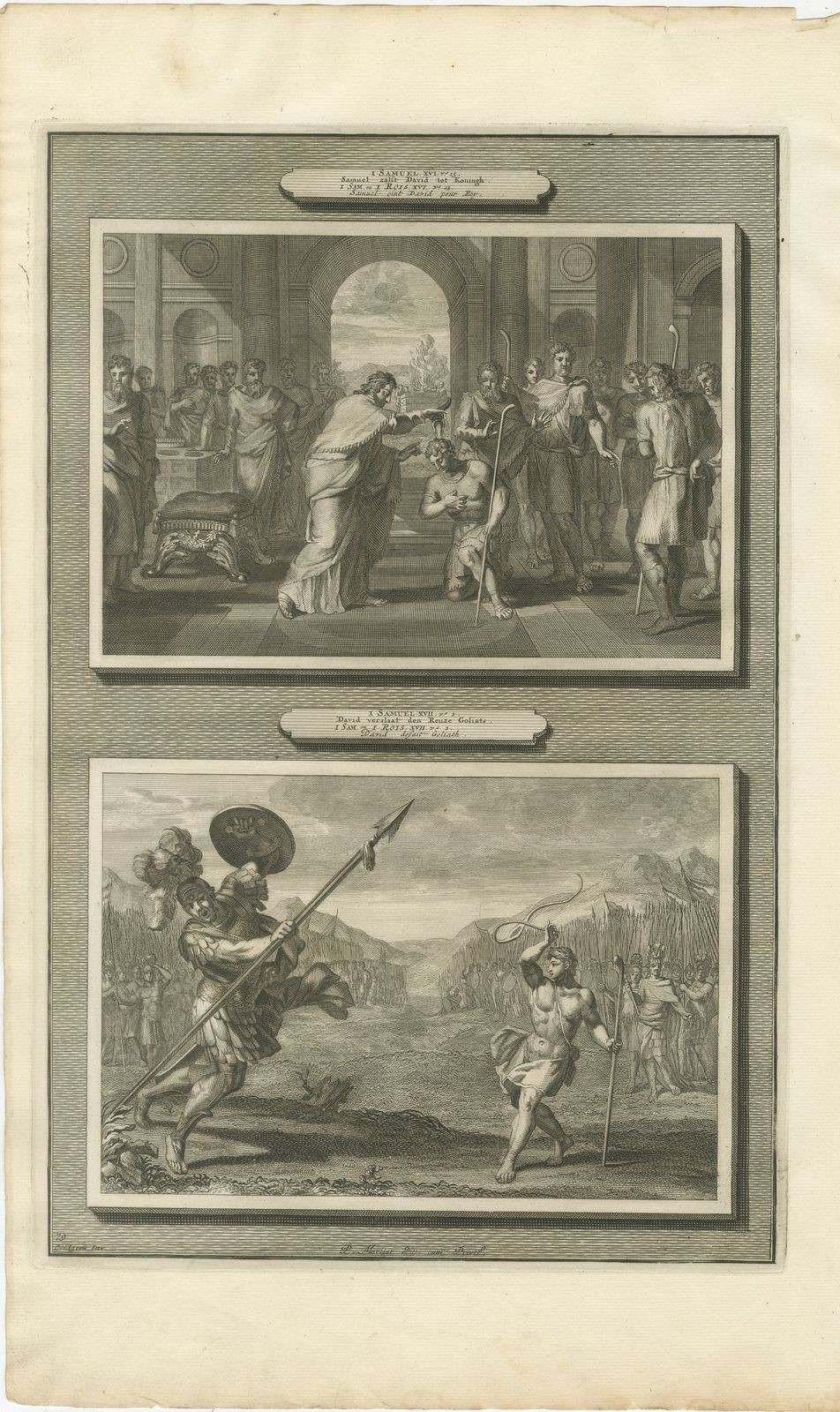 Samuel Anoints David and David Slays Goliath, Mortier Bible circa 1700