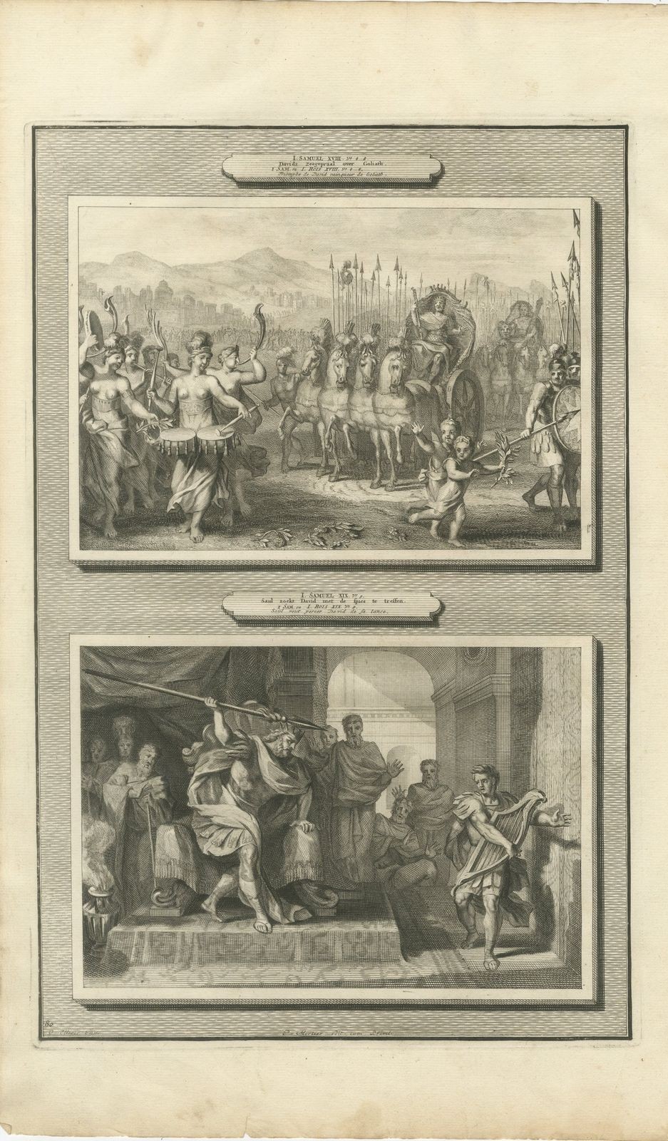 Triumph of David and Saul Hurls His Spear at David, Mortier Bible circa 1700