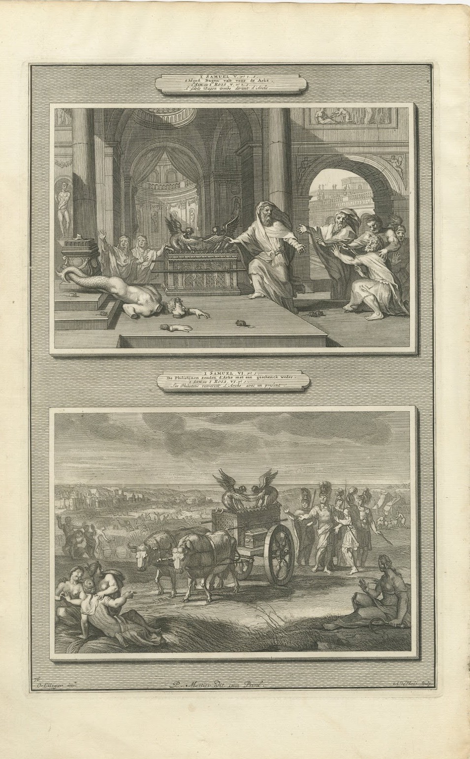 Dagon Falls Before the Ark and the Ark Sent Back, Mortier Bible circa 1700