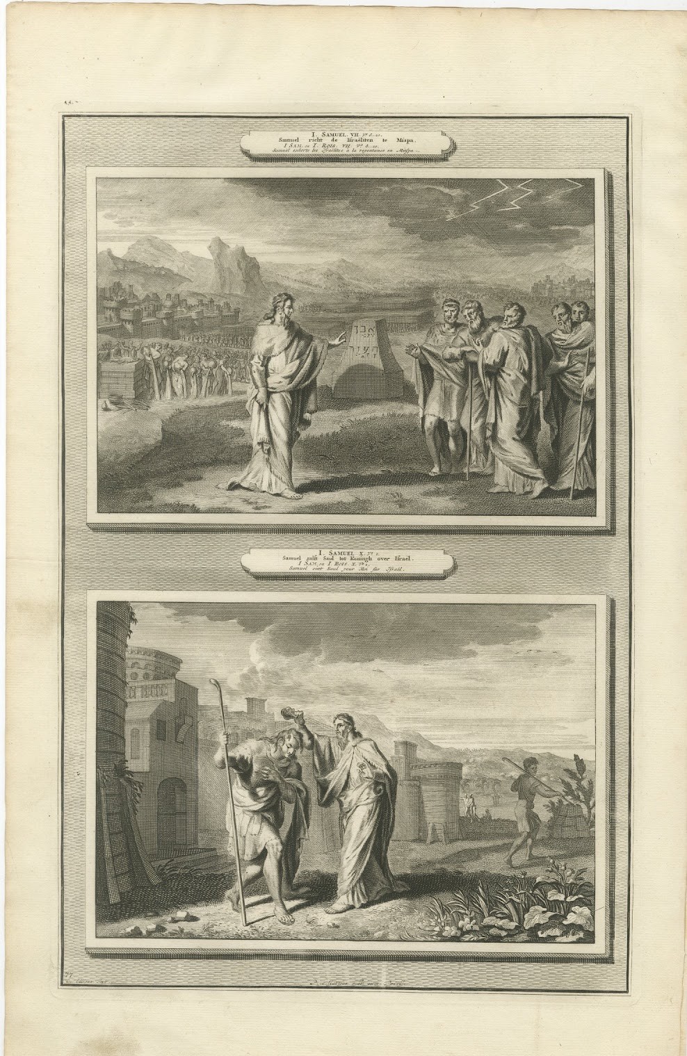 Samuel at Mizpah and Samuel Anoints Saul King, Mortier Bible circa 1700