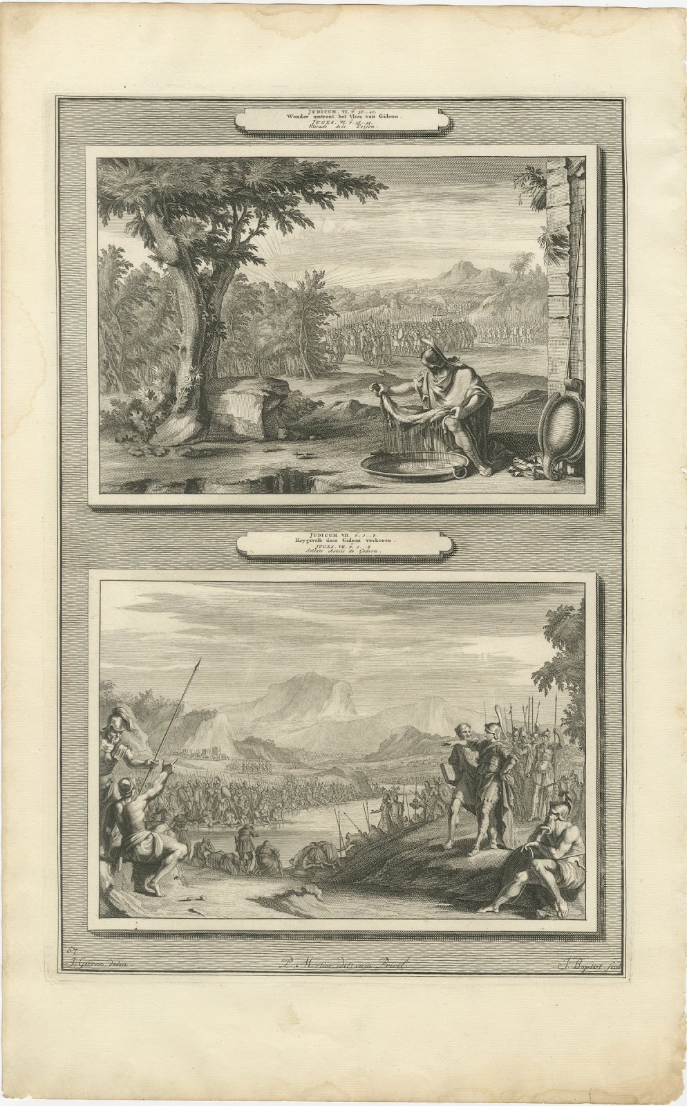Gideon's Fleece and Gideon Chooses His Soldiers, Mortier Bible circa 1700