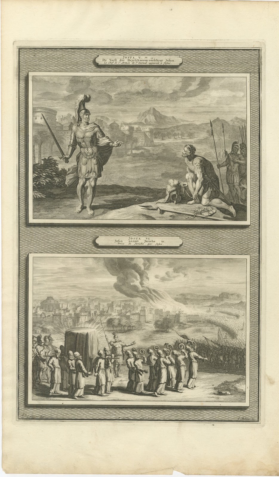 Joshua Meets the Angel and the Fall of Jericho, Mortier Bible circa 1700