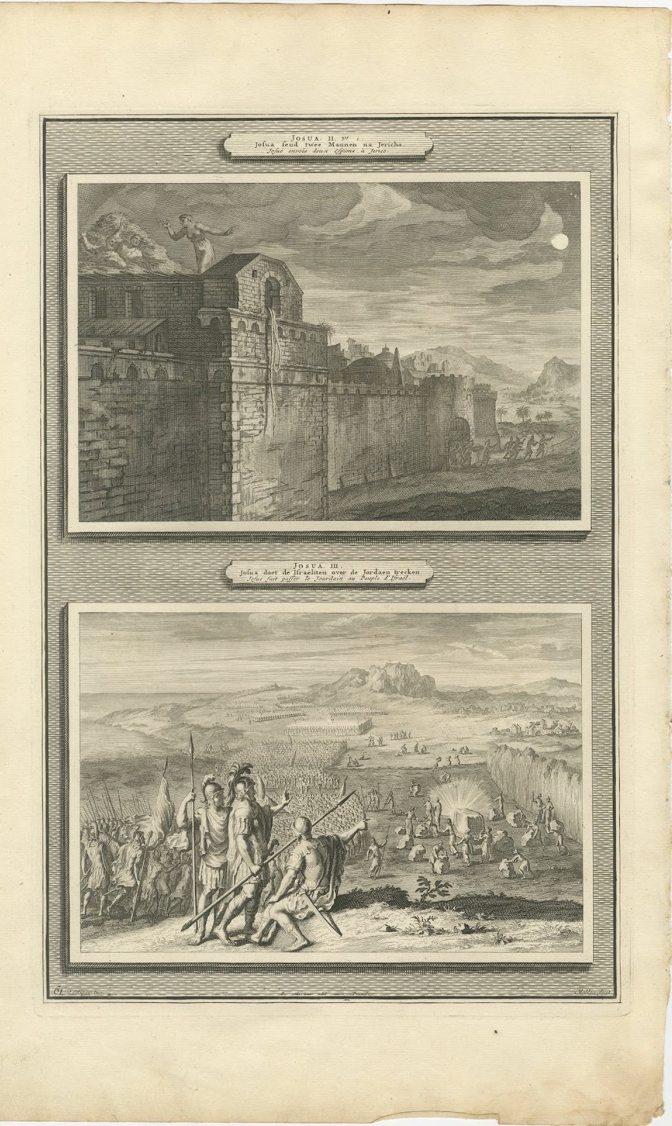 Rahab and the Spies and the Crossing of the Jordan, Mortier Bible circa 1700