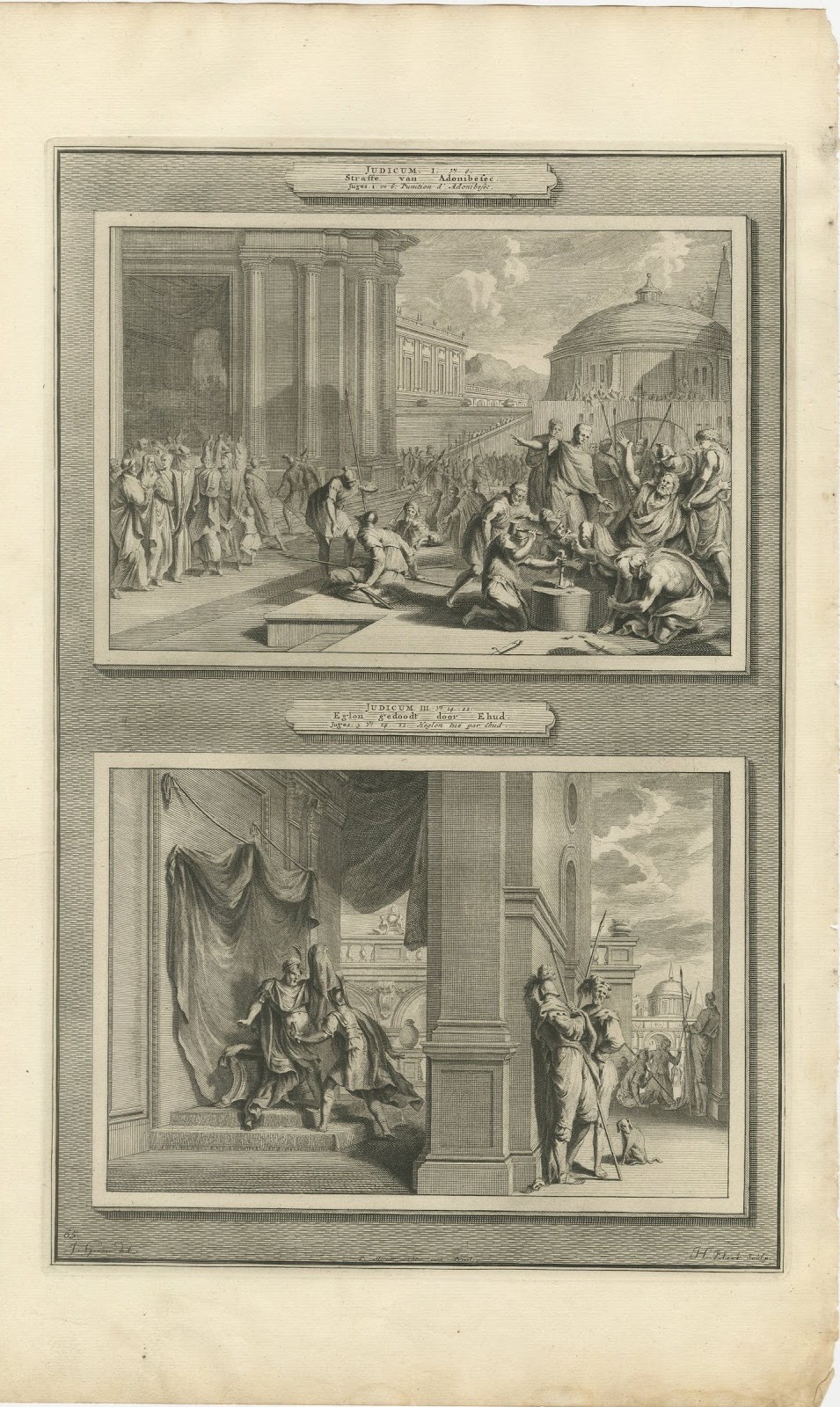 Punishment of Adonibezek and Ehud Kills Eglon, Mortier Bible circa 1700
