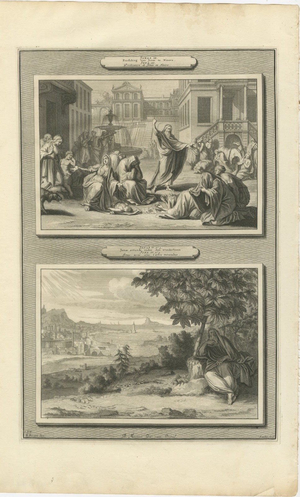Jonah Preaches at Nineveh and Jonah Under the Gourd, Mortier Bible circa 1700