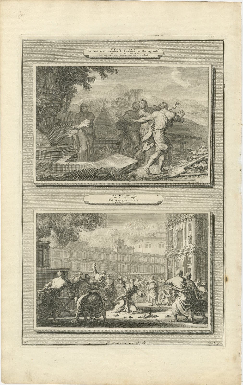 Dead Man Revived by Elisha's Bones and Zechariah Stoned, Mortier, circa 1700