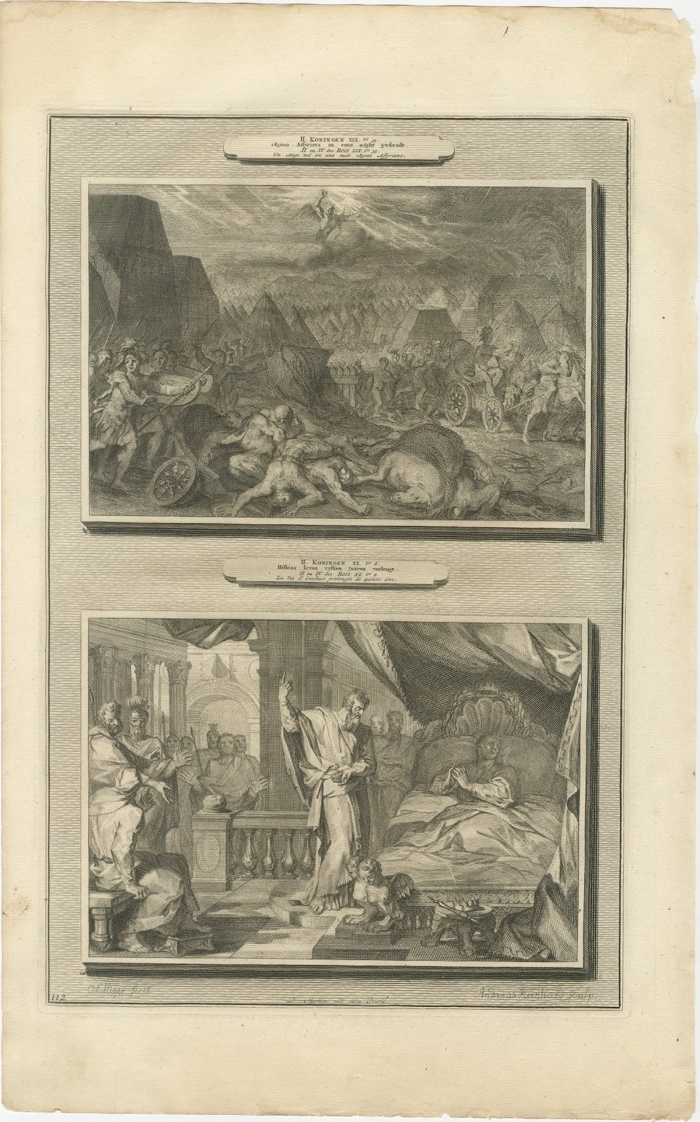 Angel Destroys the Assyrian Army and Hezekiah's Recovery, Mortier, circa 1700