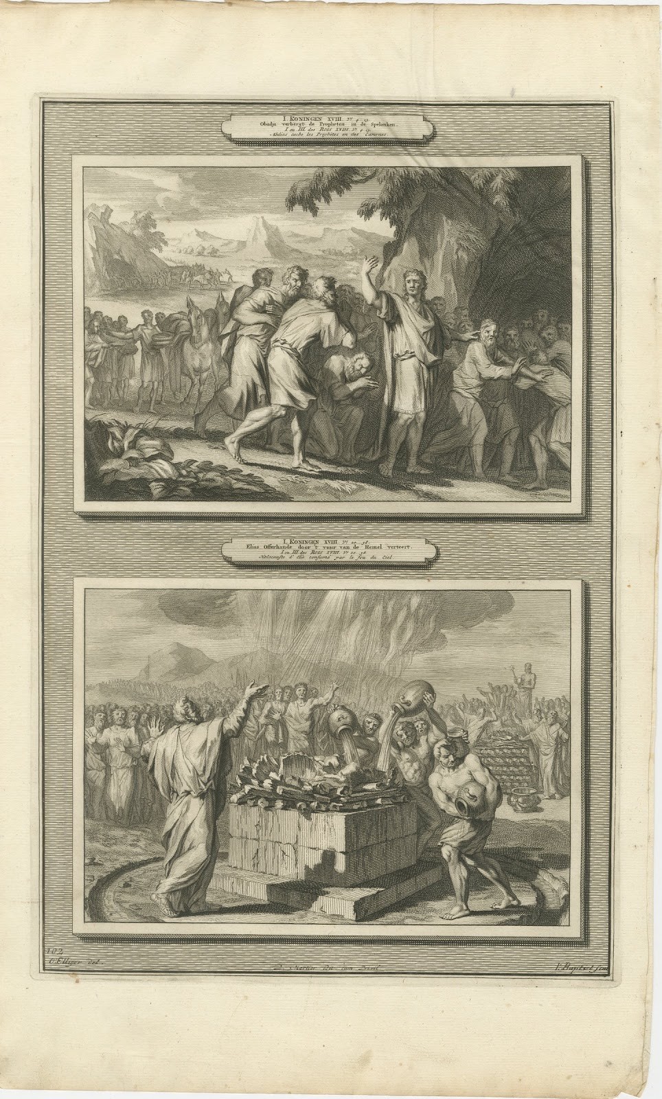 Obadiah Hides the Prophets and Elijah on Mount Carmel, Mortier, circa 1700