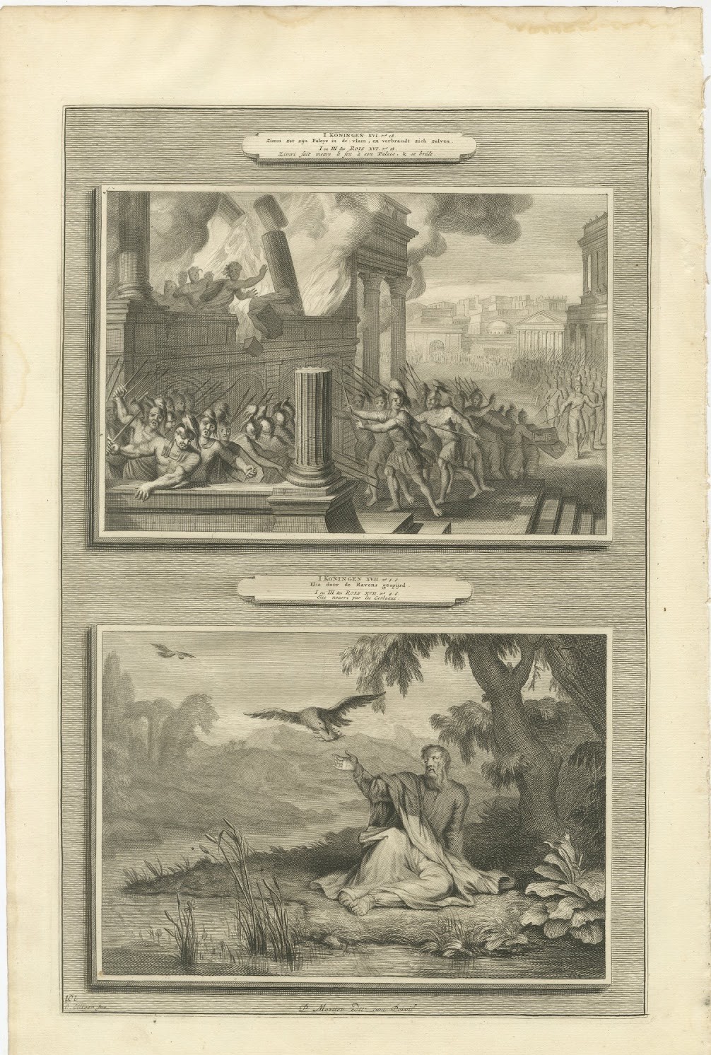 Zimri Burns His Palace and Elijah Fed by the Ravens, Pieter Mortier, circa 1700
